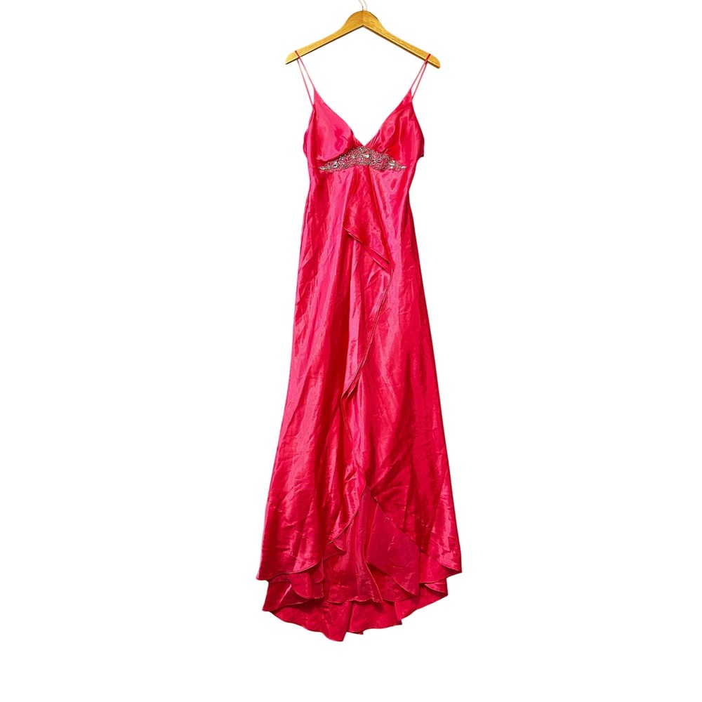 Vintage Y2K Morgan & Co Satin Beaded Formal Gown Size 13/14 Babydoll Prom Hoco
